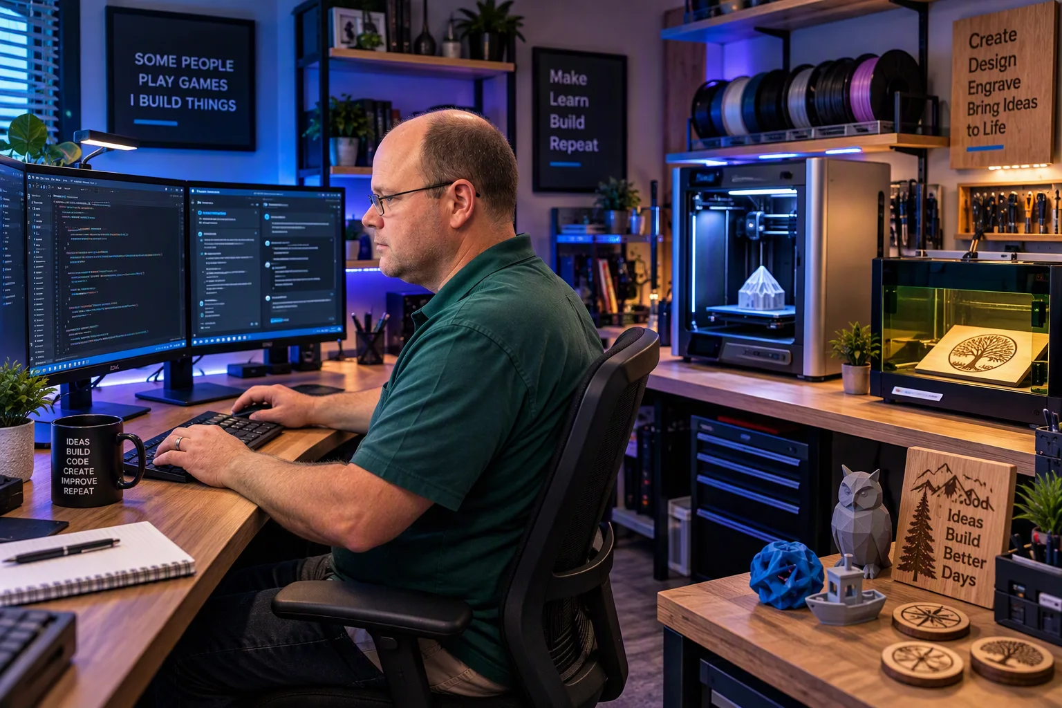 Kurt's workspace: coding on one side, 3D printer and laser engraver on the other